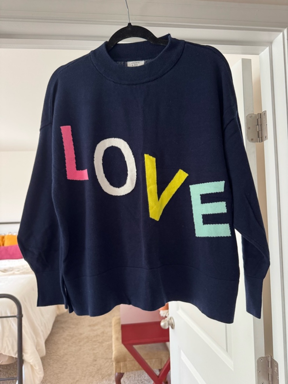 crown & ivy Navy Sweatshirt with Multicolor LOVE Letters